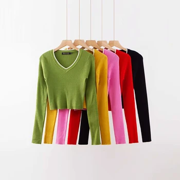 2020 Jeseni pulover z dolgimi rokavi ženske puloverju seksi tanek pulover v vratu belušno plesti pulover roza, zelen pulover kontrast ovratnik
