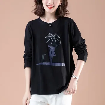 2021 O Neck Majica s kratkimi rokavi Ženske Jeseni Long Sleeve Majica Ženska T-shirt Svoboden korejskem Slogu Plus Velikost Prevelik Ženske Majice