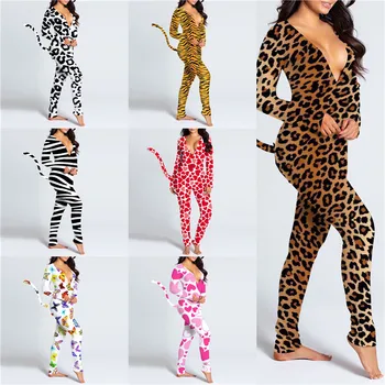 2021 Seksi Žensk Nazaj Rit Zavihek jumpsuits Pižamo Sleepwear Živali Rep Globoko V-neck Leopard Metulja Print igralne obleke