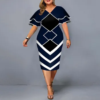 2021 Ženske Obleko Elegantno Geometrijske Tiskanja Večer Stranka Obleko Priložnostne Plus Velikost Urad Bodycon Obleko XL-5XL