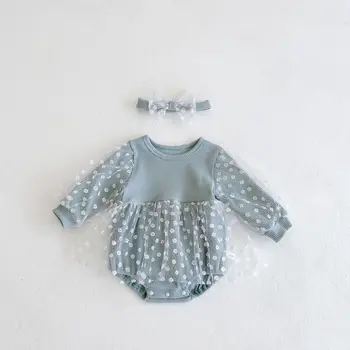 2022 Malčke Baby Girl Obleke Bombaž Belušno Obleka Za Novorojenčke Malčka Otroci Čipke Rob Trdno Jumpsuit Eno-kos +glavo 2pcs