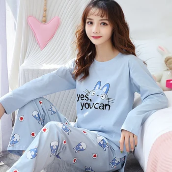 2022 Pomlad, Bombaž Dolg Rokav Srčkan Risanka Totoro Pajama Kompleti za Ženske Sleepwear bo Ustrezala Pijama Mujer Homewear Domov Oblačila