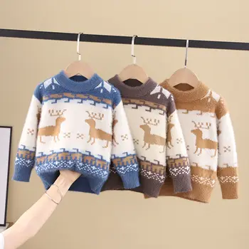 Božič otroci puloverji živali puloverju jelena striped moda vrhovi fantje pulover modra mozaik pletenine mink flis jopica