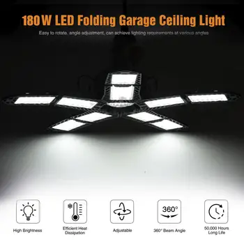 E27 180W LED Garaža Svetlobe Deformacije High Bay Lahka, Zložljiva Garažna Stropne luči Za Garaže Kleti Skladišča na Prostem Svetlobo
