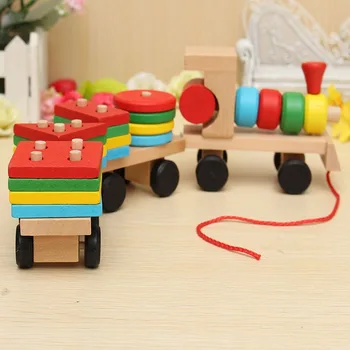 Leseni Vlak gradniki Izobraževalne Otroci Baby Lesene Trdna Zlaganje Vlak Malčka Blok Igrača za Otroke, Darila za Rojstni dan