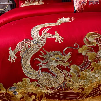 Luksuzni Rdeči Kitajski Poroko Stil Posteljnina Nabor Zlato Loong Phoenix Vezenje Brušena Rjuhe Kritje Bedspread Posteljno Perilo Pillowcases