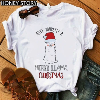 Mama Lame T-Shirt Moda Kratek Rokav Lame T shirt Femme Natisnjeni Smešno Vrhovi Ženske Obleke Lllama Bela ChristmasTshirt