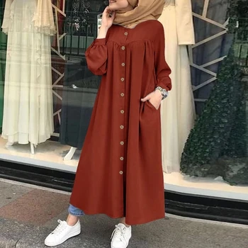 Muslimansko Obleko Ženske Abaya Hijabs Shirt Obleko Trdna Dolg Rokav Pocket Maxi Vestidos Ženski Gumb Haljo Visoko Wasit Femme Musulman