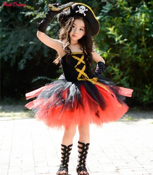 Nova Moda Pirati Cosplay Otroci Dekleta Tutu Obleke s Klobuk Cape Pirati, Oblečen Črn Malčke Dekliška Oblačila Cosplay