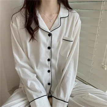 QWEEK korejski Sleepwear Ženske Pižame 2021 Doma Oblačila, ki za Dekleta, Obleko Bele Dolg Rokav Pijama Homewear Spavaćica Pižame
