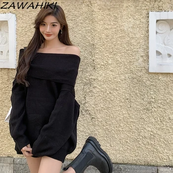 ZAWAHIKI korejski Elegantna Off Ramenski Poševnica Vratu Jopica Puloverju Svoboden Mid-dolžina Long Sleeve Solid Moda za Ženske Pletene Puloverje