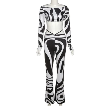 Čudno Puss Zebra Print Ženske Priložnostne Sklop 2 Kos Povoj Suh Crop Zgornji Del+Hlače Modni Ujemanje Ulične Slim Trenirko Obleko