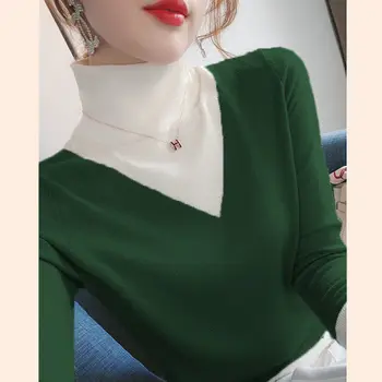 Šivanje barvni kontrast ~ tanke pol visoko vratu ~ 2021 pomlad nov pulover ženske nosijo dolgimi rokavi pulover vrhovi znotraj in zunaj