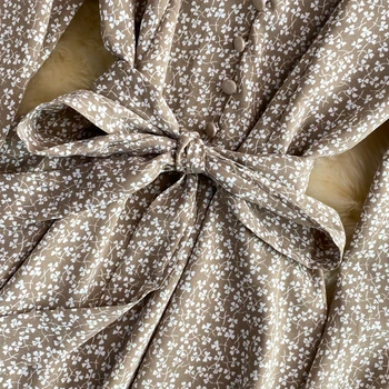 Jeseni Vintage Proti-Vrat Natisnjeni Šifon Mini Obleka Ženske Seksi Proti-Vrat Dolg Rokav Visoko Pasu Vestidos Z Sashes Ženski 2021 Nova